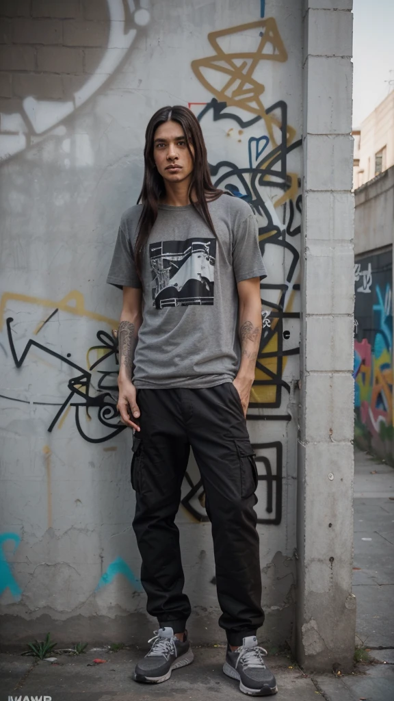 (POV) long shot, thin man with long straight black shoulder length hair, age 30, height 170 cm, (wearing a t-shirt grey) with the text ((HIGH QUALITY JOMBLO)) and colored cargo pants ((medium brown)) leaning against a (wall full of graffiti), daylight, realistic photography, 4d, 32 UHD, ultra detail, reflective surface, bottom view.