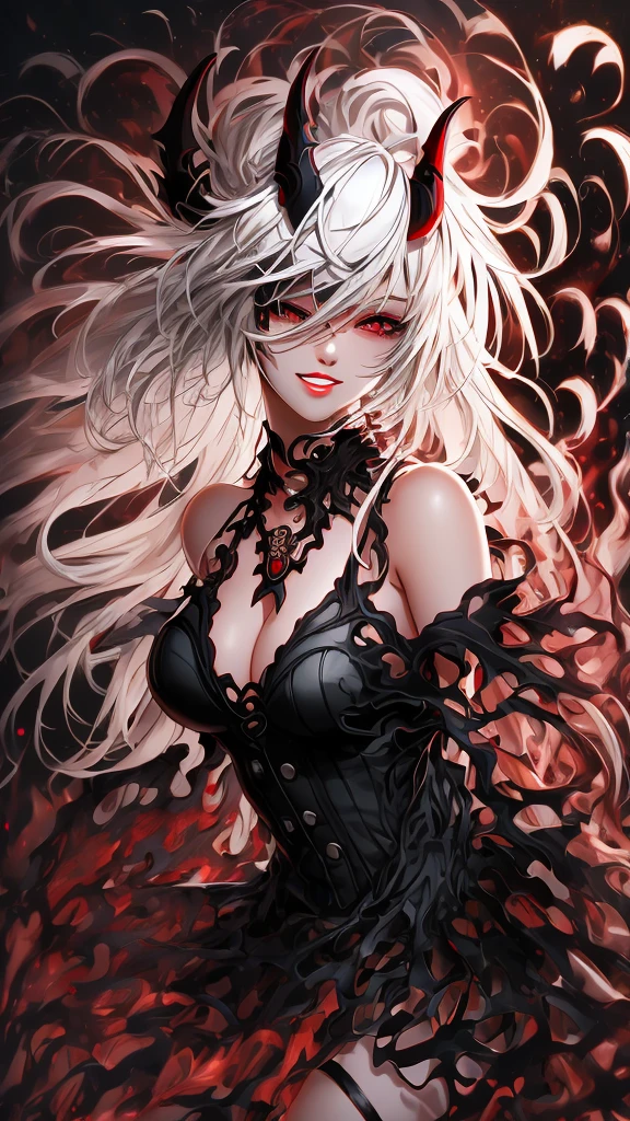 (best quality,highres),dark and mysterious,gothic art style,red and black color palette,dramatic lighting,an eerie garden setting,glimmering moonlight,delicate lace details,detailed engravings on the earrings and piercing,roses and thorns intertwined,female, pale skin, vibrant red lipstick, (white hair, long flowing hair, straight hair), red eyes, vampire, sharp fangs,playful expression,tattoos on her arms and neck,spider web motifs in the background