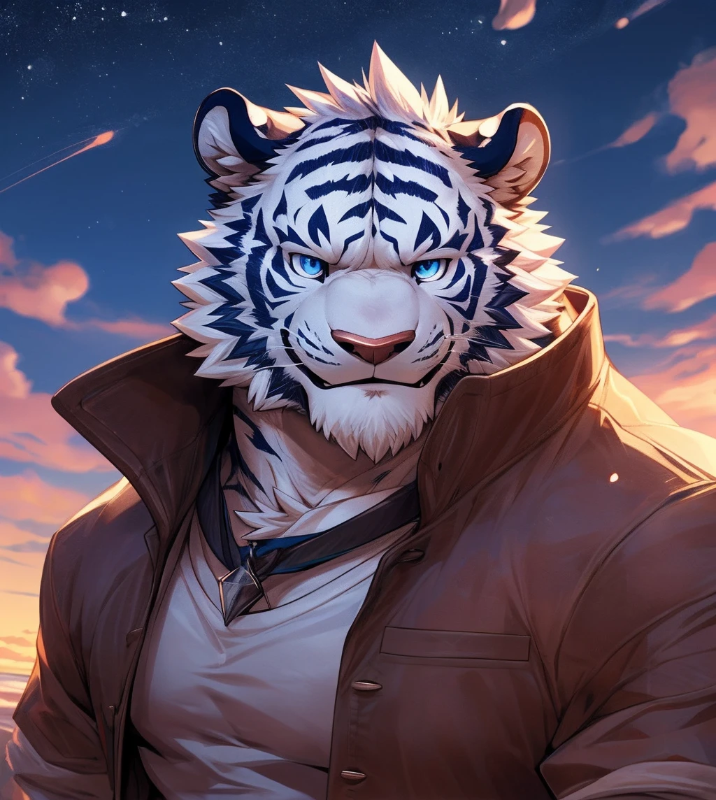(A muscular tiger with unique brown fur and striking purple stripes on his neck), heavy jacket, best quality, ultra-detailed, a casual pose, with decent muscles and (sharp claws:1.2), intense seductive bedroom eyes, (growling:1.2), (ambient radiance:1.2), (dramatic shadows:1.2), (splashing water:1.1), (dust and debris particles:1.1), uploaded on e621, male, full length portrait, (felid), mammal, ((pantherine)), (very dark brown fur:1.4), (purple stripes on brown fur), (realistic fur), tiger hybrid, by enro the mutt, by foxovh, by sligarthetiger, by pino daeni, sunset clouds, starry sky, vivid California aesthetic, (eyeglasses:1.4), undressed, faint smile, humble yet curious, white whiskers, glowing eyes, orange pupils, interesting stripe pattern on his arms, pointing at viewer, pov, (on top), happy, unbuttoned clothing, purple gradient fur, teeth, (scenic view:1.1), city, sitting, side shot,