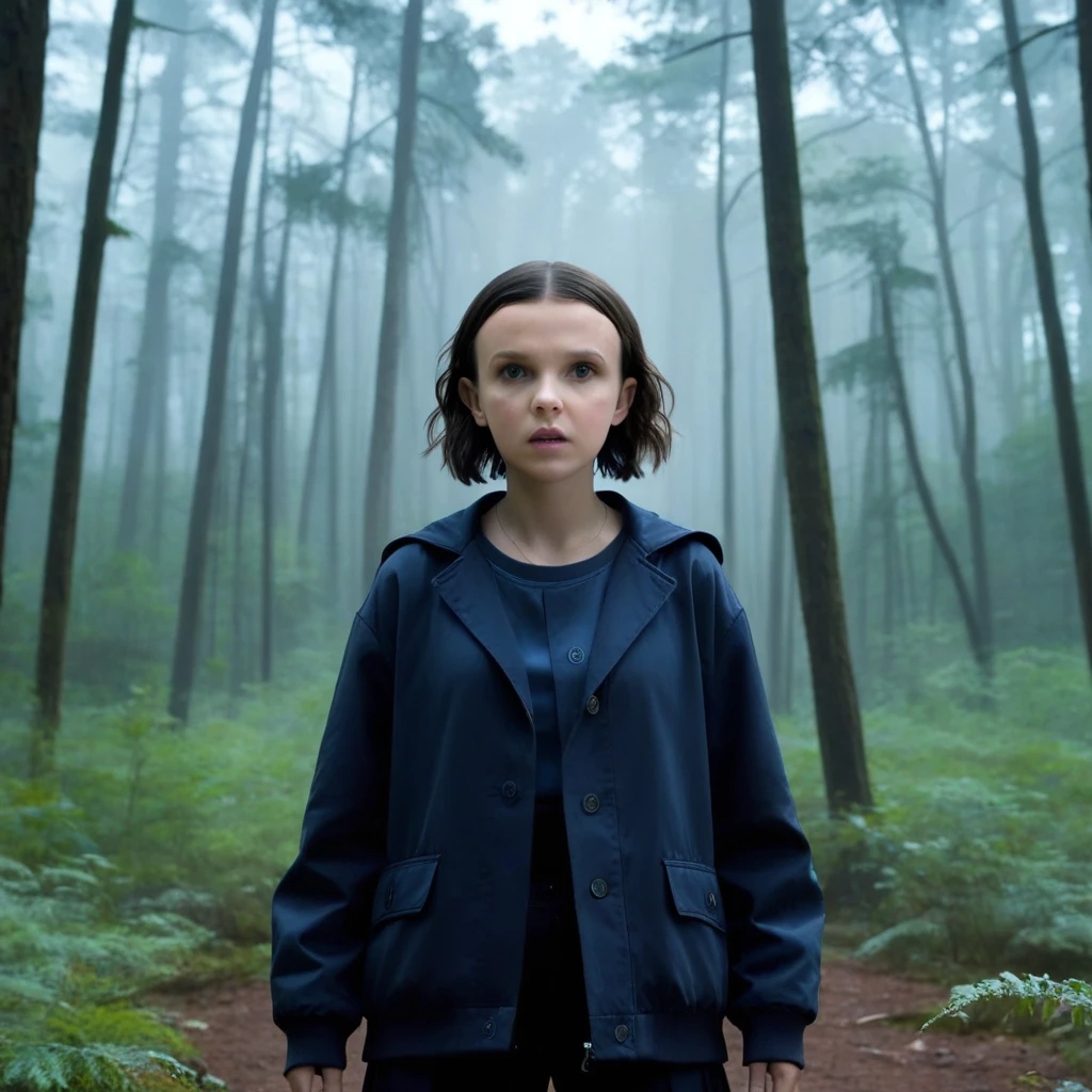 milli3 woman, millie bobby brown, netflix series, eleven, in a dark forest, front view, forest, horror