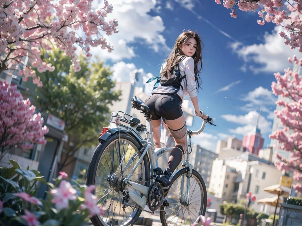   Jav girl, tiny  body, big round ass, wet ass, japanese girl, sitting on bike,  bike seat in ass crack,  white thong, white bra,knee high socks, pigtail hair cut,  back to camera looking back, beautiful ass , 8k , detailed , . Nicki minaj ass. Pink and white panties with unicorn pattern. Japanese girl.