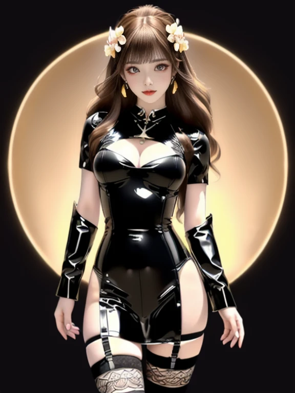 An Asian Chinese female model, Maple leaves background at night, (8K Ultra HD, Digital SLR Camera, Soft Light, high quality, Volumetric Lighting, frank, photo, high resolution, 4K, 8K, Bokeh), (Create stunning images of real girls, warm light, Dynamic poses, Elegant Posture, Cowboy lens, Full body front view, From the front，Be confident, Front of the body facing the camera, Standing posture facing the camera, Open your legs slightly, Golden Ratio Graphics, Minimalism), (Show a charming smile, Willow Leaf Eyebrows, big eyes, Apricot eye prick, Cherry Blossom, Balanced Eyes, Oval face, Pretty Face, Normal facial features, Skin is transparent and visible, Thin skin and tender meat, cosmetic, earrings, bracelet, necklace, Jewelry, veil, Hair accessories), (Brown hair, Wavy curly hairstyle, Waist-length hair, Messy Hairstyle, Gradient hairstyles, Cyberpunk hairstyle), (Transparent clothes：1.5, Beige clothes, Latex clothes，Clear latex tights, Transparent underwear), (Sexy, Perfect breast shape, Teardrop-shaped chest shape, Snow-white breasts, very detailed breasts, 34E cup), (Super high waist clothes, Waist hollow, Levain), (Black buds, Sheer lace knee socks, 吊garter, Leg ring, garter, 腿部garter)