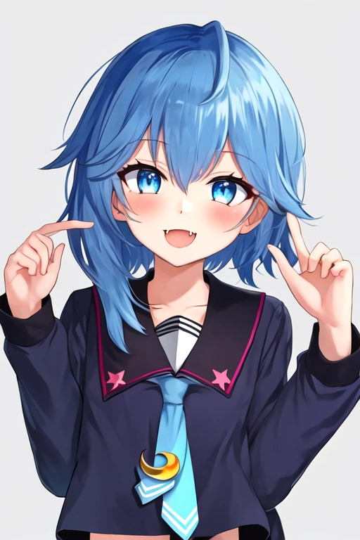 best quality, masterpiece, highres, solo, {minazuki_kantaicollection:1.15}, blue_hair, blue_eyes, asymmetrical_hair, short_hair_with_long_locks, open_mouth, smile, serafuku, blush, crescent, fang, necktie, blue_necktie, crescent_pin