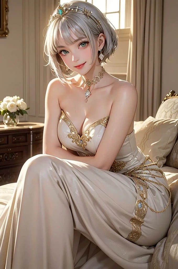 1girl, beautiful girl, cute girl and idol face, young face, smile, ahoge and short bob cut and shiny silver hair, beautiful green eyes, medium breasts, shiny white skin, Upper class, princesses, gorgeous rooms, classical mansions, jewelry and gold dresses