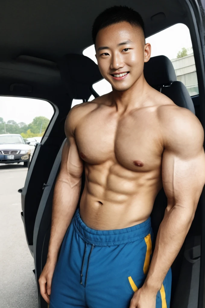 独奏: 1.5, (As a matter of fact, Masterpiece, 8k HD, good light quality, sportswear, fit the face, complicated details), A handsome, muscular young Korean man. , 20 years old, be happy, smile brightly, detailed face, delicate eyes, มองดูsky, Wear a navy tight T-shirt.:1.6, period, black eyes, Black hair color, ผมsmooth, smooth, outdoor sports, Along the garden, Sunny,sky，Surreal，Awesome details，Highest quality，real，Open your mouth to talk. , Close your eyes.