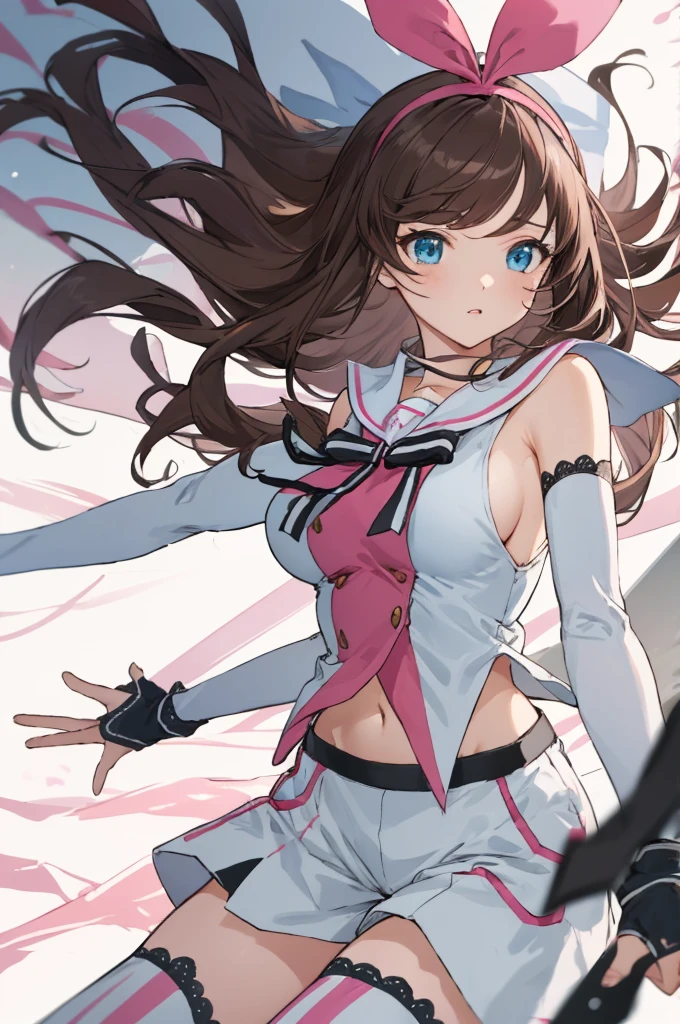 best quality, intricate details,
1girl,big breasts
 ) torn armor, underboob, tattered clothes, pauldrons, gauntlets, broken armor, belts, multiple belts, 
 kizuna ai, long hair, brown hair, multicolored hair, short shorts, floating hair, pink hairband, white shorts, detached sleeves, navel, sailor collar, streaked hair, pink hair, blue eyes, white thighhighs, medium breasts, lace-trimmed sleeves, sleeveless shirt, striped, white sailor collar, bowtie, hair bow, swept bangs, white shirt, lace-trimmed legwear,