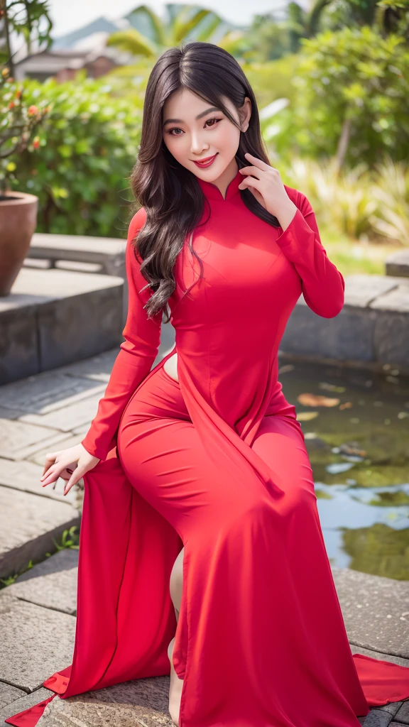 detailed body, attractive body, perfect human body, realistic face,
(ultimate quality, masterpiece, highres:1.0), realistic:1.6, photorealistic,
[8k UHD photos, UHD high quality photos, Super detailed and super clear images],
Close-up of a Vietnamese girl with a beautiful face and balanced body, leggy, round face, big round eyes, Charming smile, Red lips, long curly eyelashes, big dimples, pointed chin, plump face, Her face resembles BB_QuynhHuong, Tall and plump figure, see-through pants with clearly visible underwear, black panty,
wearing a bright and shiny black brocade ao dai with embroidered flowers, sitting and playing with the sand and ocean waves, ocean waves wet clothes, pose sexy,
Silk ao dai,