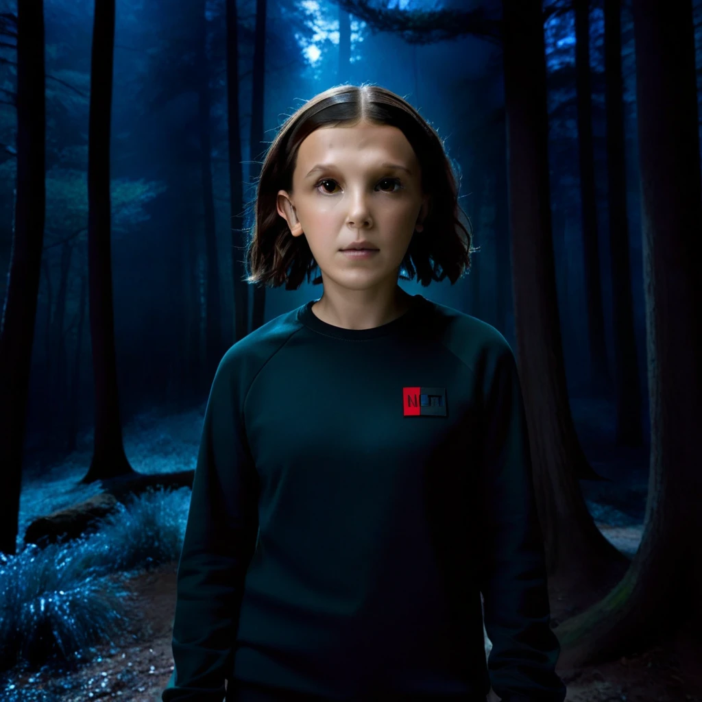 milli3 woman, millie bobby brown, netflix series, eleven, in a dark forest, front view, 