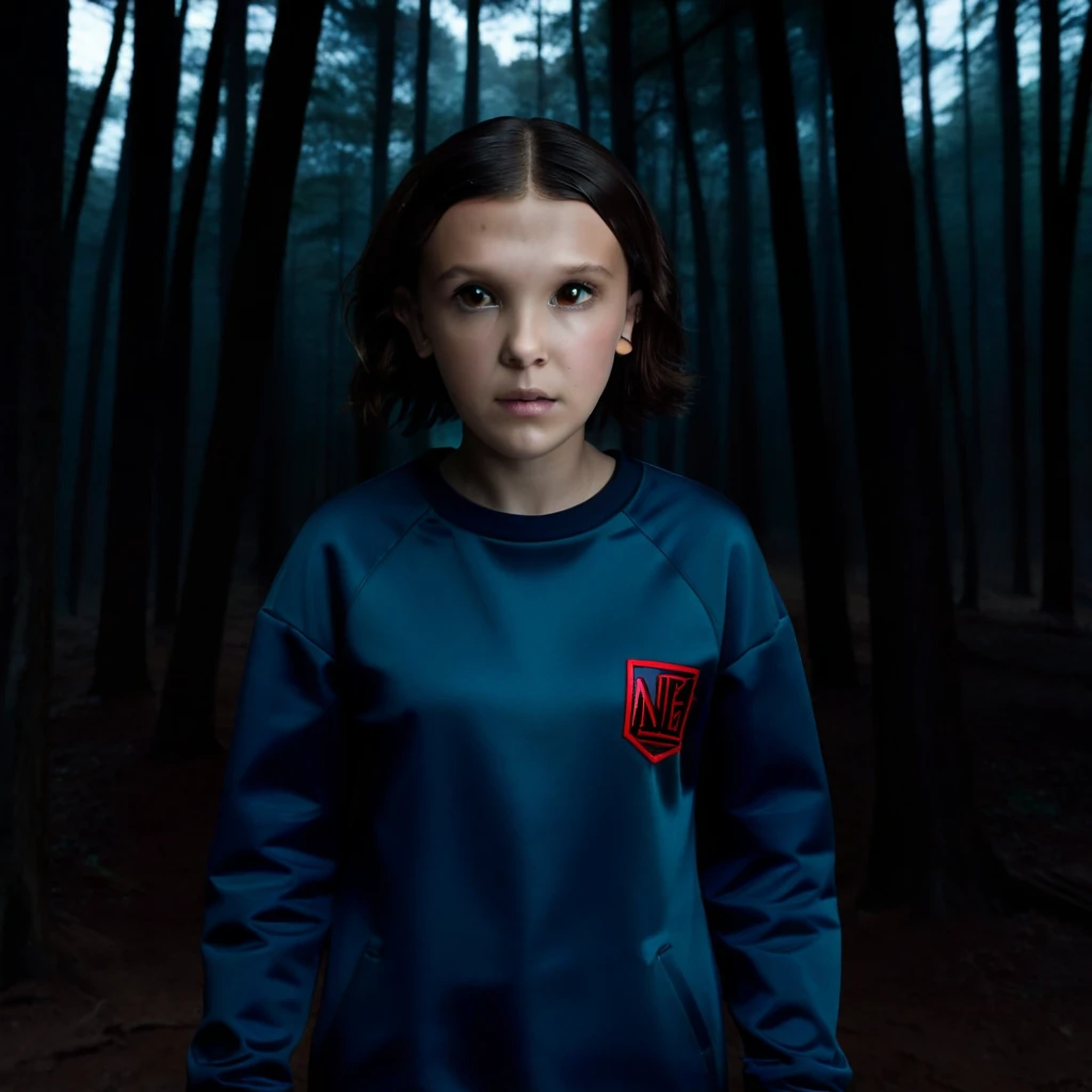 milli3 woman, millie bobby brown, netflix series, eleven, in a dark forest, front view, 