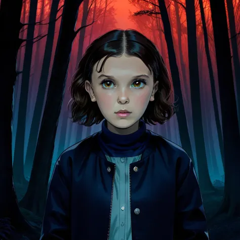 milli3 woman, millie bobby brown, netflix series, eleven, in a dark forest, front view,