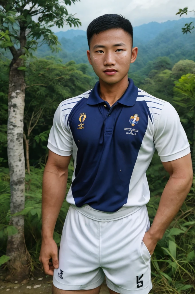 ((Highest quality, 8K, Masterpiece:1.3)),Thailand Laos Burma Asia,Thai man buzz haircut,A handsome Asian sport short hair,a muscular beard,and big muscles.,1A man who has,yo,Good appearance,Beautiful nose,Detailed eyes and face,beautiful light,(studio),high resolution,(Look at the viewer.),Fine mouth,whole body:1.5,perfect shape:1.3,Picture of both shoulders:1.3,(t-shirt:1.2),black cargo pants,wristband,landscape,(The background is Bokeh:1.2),on the sea,(open_jacket:1.3),