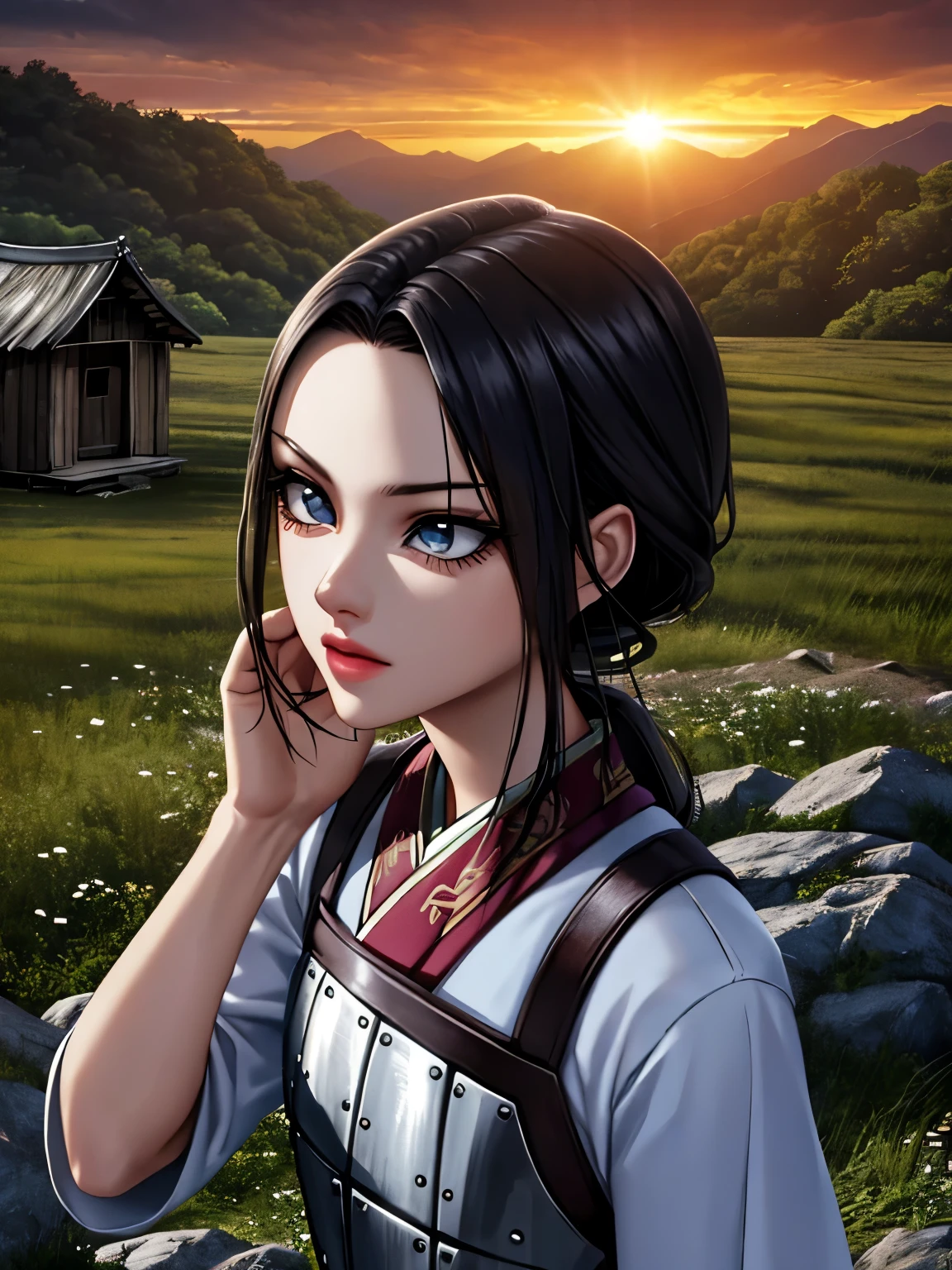 (highest quality:1.2, masterpiece), 8K, Professional Lighting, Cinematic Lighting, (1girl), Kaine, a character of Kingdom, black hair color, low ponytail, (white Chinese clothes under white breast plate:1.35, ultra realistic & detailed iron breast plate:1.7, armored iron boots), ((ultra realistic exterior of abandoned hut, ultra detailed exterior of abandoned hut, in ancient China, mountain view, trees, grasses, rocks)), (((sunset time, dark atmosphere))), ultra slim waist, thin body, perfect slim body style, breasts, standing, in front of abandoned hut, outdoors, looking at viewer, better eyes, perfect eyes, beautiful eyes, detailed face, ((close up angle, zoom up angle)), 