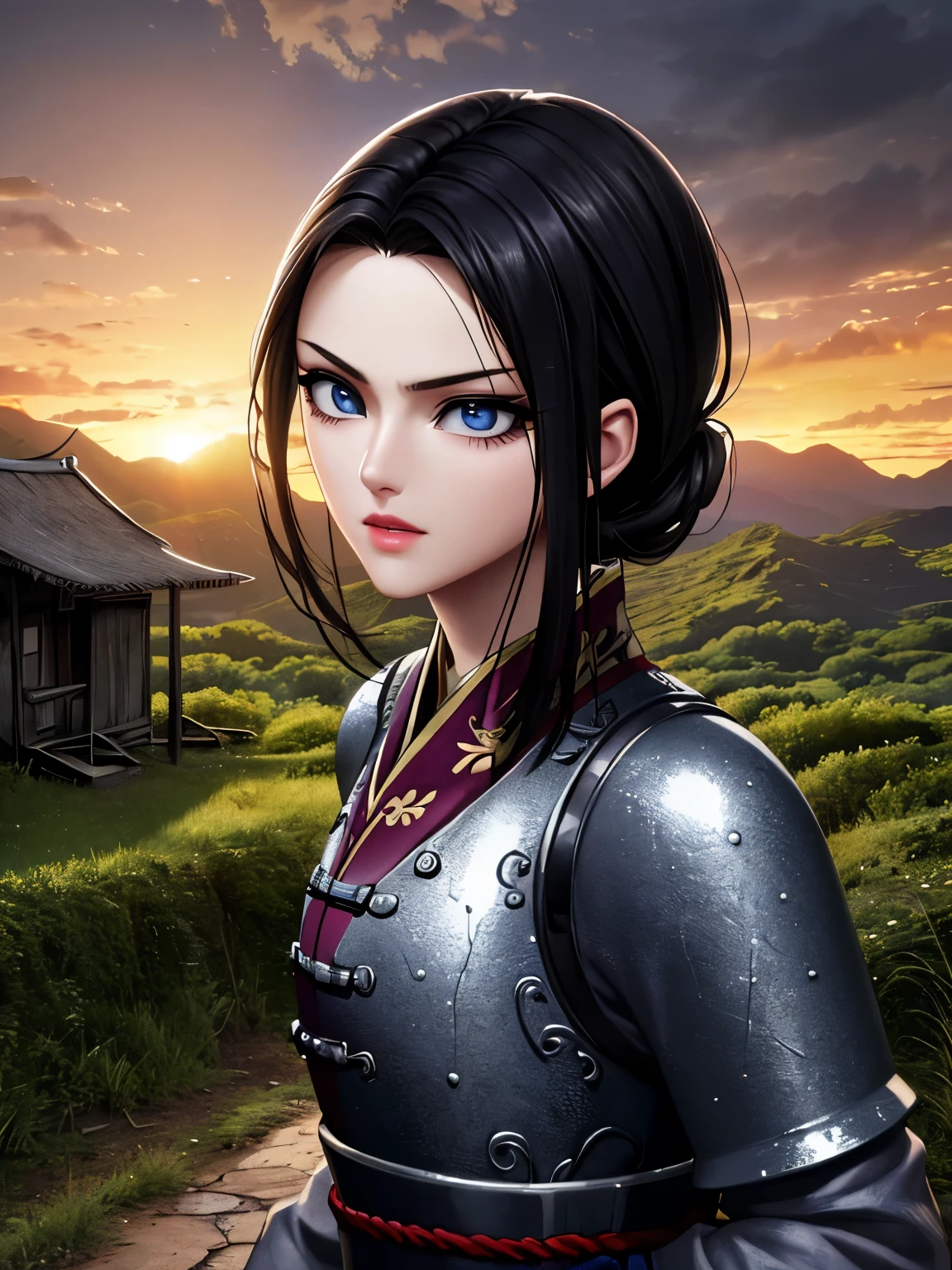 (highest quality:1.2, masterpiece), 8K, Professional Lighting, Cinematic Lighting, (1girl), Kaine, a character of Kingdom, black hair color, low ponytail, (white Chinese clothes under white breast plate:1.35, ultra realistic & detailed iron breast plate:1.7, armored iron boots), ((ultra realistic exterior of abandoned hut, ultra detailed exterior of abandoned hut, in ancient China, mountain view, trees, grasses, rocks)), (((sunset time, dark atmosphere))), ultra slim waist, thin body, perfect slim body style, breasts, standing, in front of abandoned hut, outdoors, looking at viewer, better eyes, perfect eyes, beautiful eyes, detailed face, ((close up angle, zoom up angle)), 