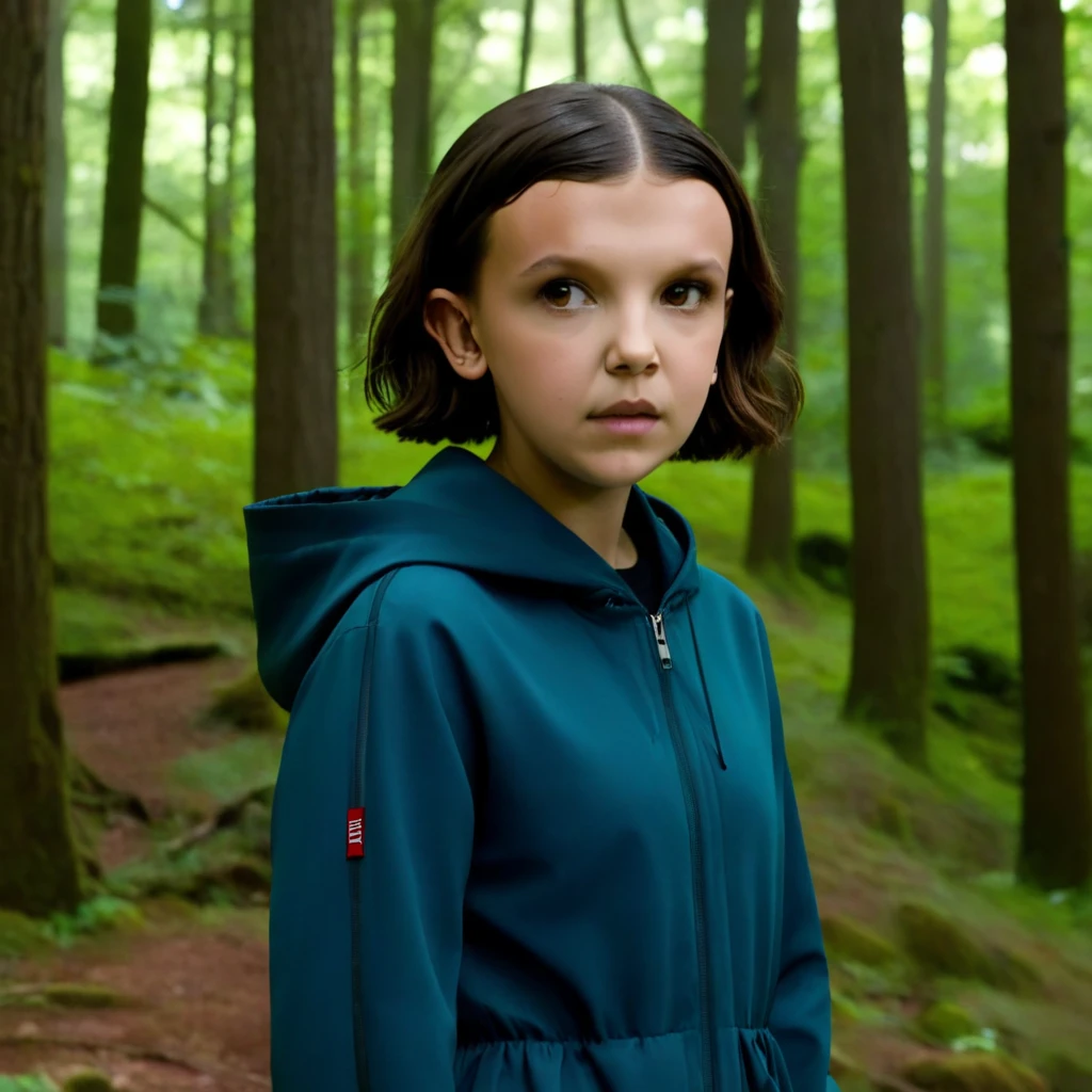 milli3 woman, millie bobby brown, netflix series, eleven, in a dark forest, front view, forest, horror