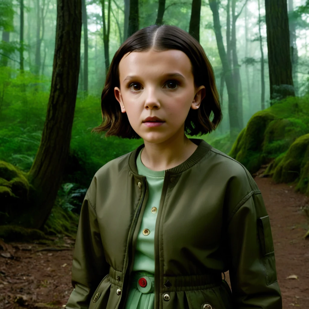 milli3 woman, millie bobby brown, netflix series, eleven, front view, in a forest