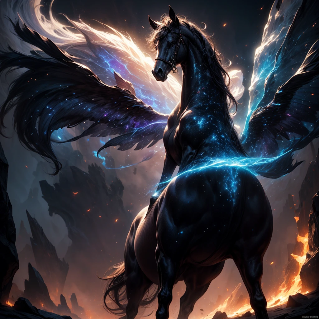 (Legendary artwork),(Running unicorns),Blue-black body,fluorescence,rendering by octane:1.5,in a cloud,Faraway view,Ultra-clear image quality,No characters,(Cloud effects:1.5),(Lightning effects:1.5),(Water vapor effect:1.5),super detailing,8K,official works