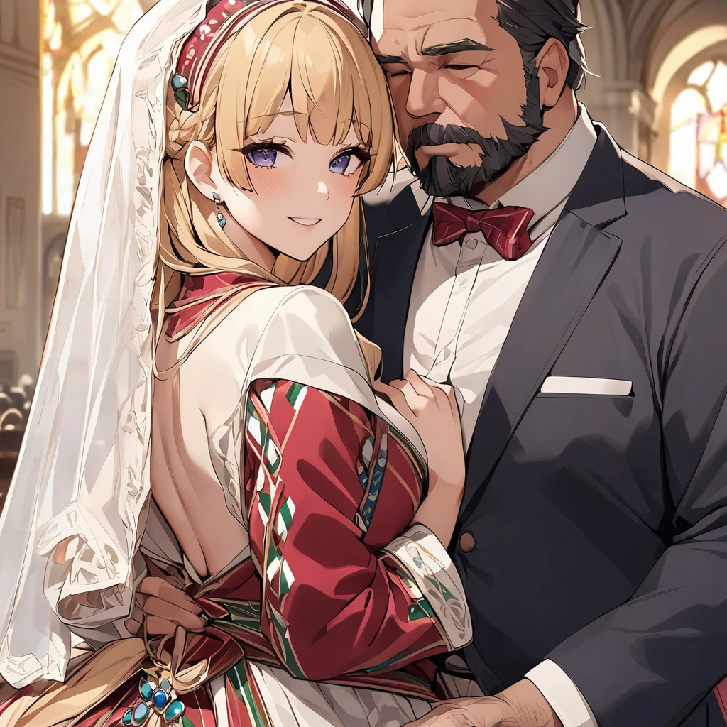 ((Highest quality)), ((masterpiece)), (detailed), （Perfect Face）、The woman is an Italian named Tsukino Usagi, and is wearing a gorgeous and dazzling Italian traditional Sardinian costume in an Italian church, a lavishly decorated velvet jacket, a long veil, gorgeous jeweled accessories, and an engagement ring. She is passionately embracing a dignified and sturdy Italian middle-aged man wearing a Sardinian with a beard, kissing him in love and making a vow, and getting married.、The woman is the elegant Tsukino Usagi, with long blonde hair in a chignon twin tail. The woman is an Italian bridal dress, wearing a velvet jacket decorated with Sardinian national costumes and a long veil.