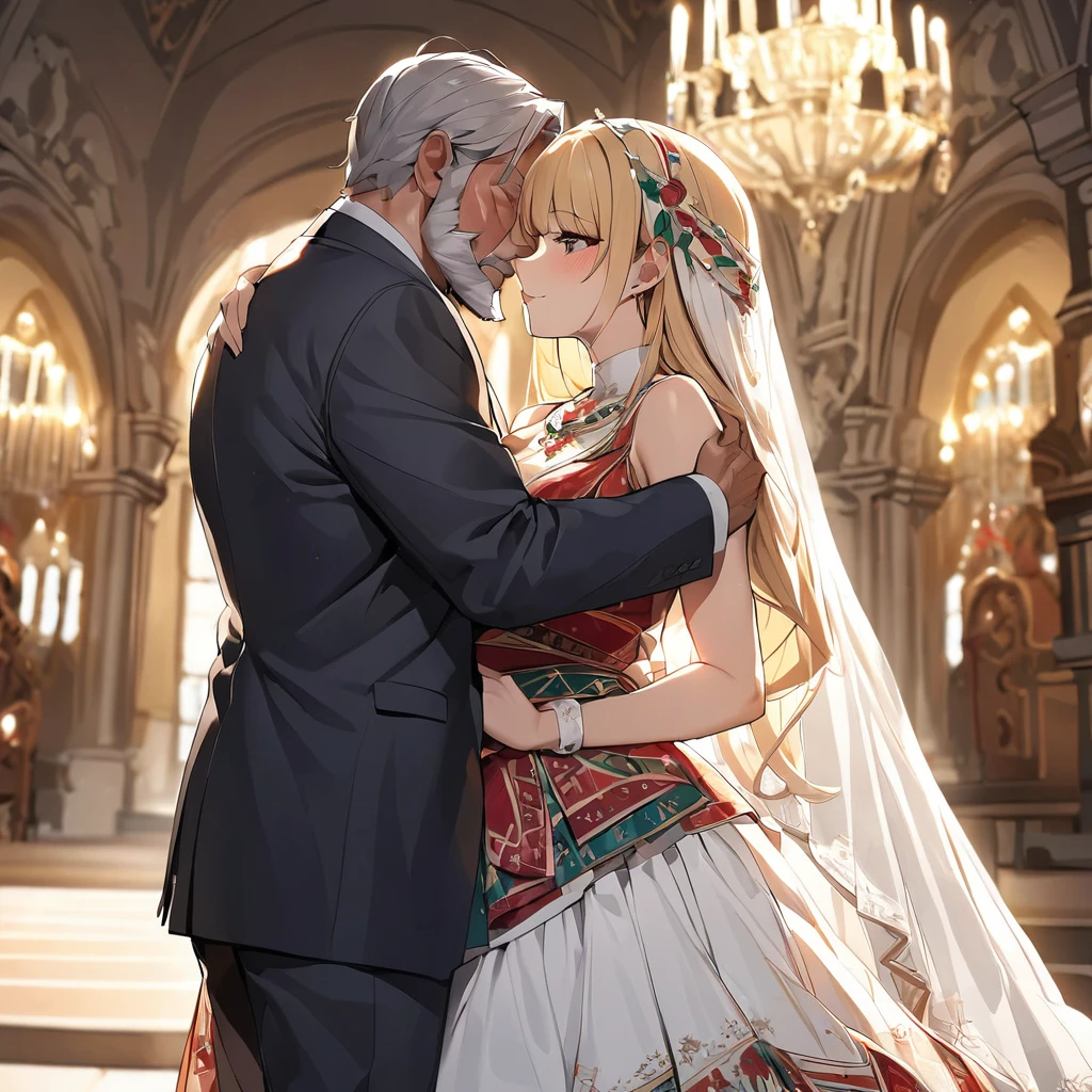 ((Highest quality)), ((masterpiece)), (detailed), （Perfect Face）、The woman is Extia Spica、The woman is wearing the traditional Indian dress, a sari.、The woman is embracing and kissing a middle-aged Indian man with a beard in their wedding ceremony.