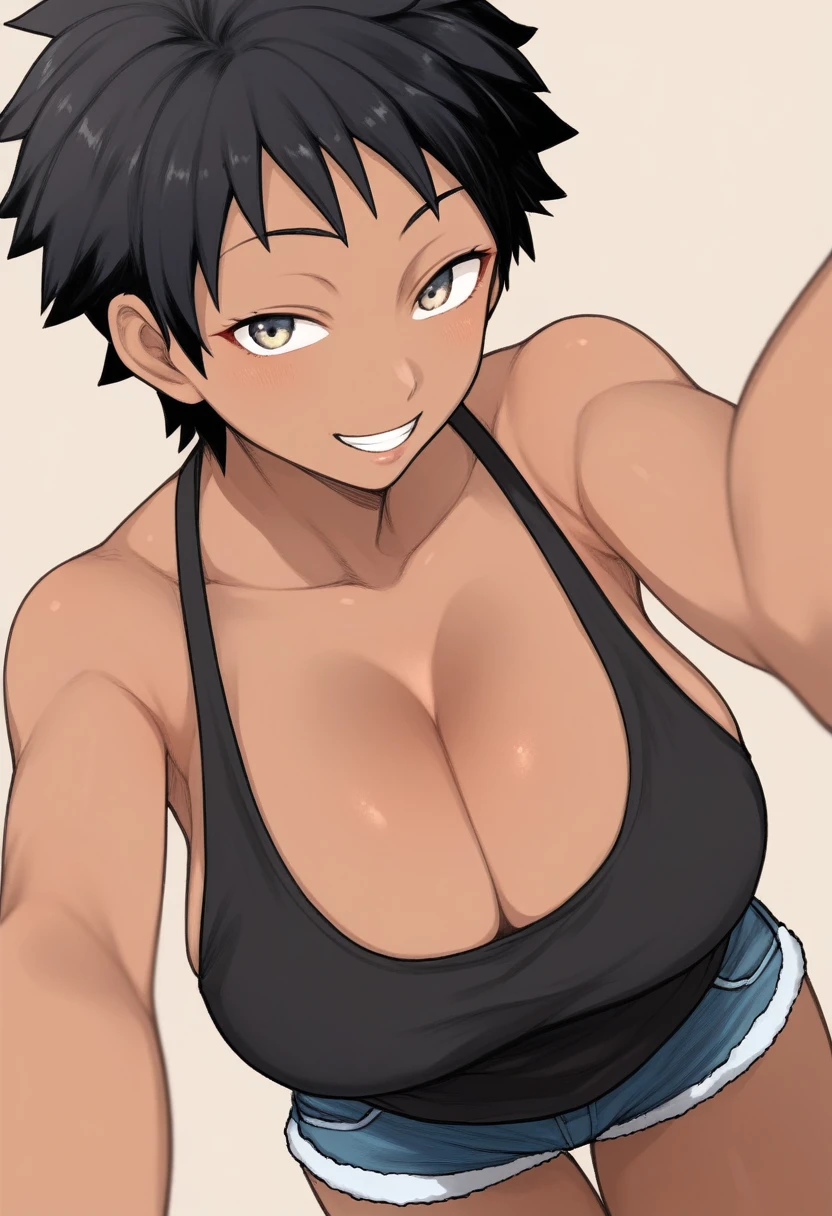 terasu_mc, score_7_up, best quality, 1girl, black hair, short hair, boyish, tanned skin, big breasts, black tank top, cleavage, short pants, smile, simple background, 