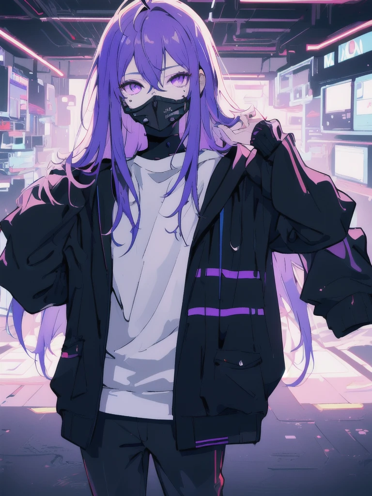 ((masterpiece)), (best quality), ((highres)), 4K, Detailed, (Ambient Light, Digital Art, Soft Lighting, extremely detailed 8K wallpaper:1.2), BREAK 1girl, solo, pale skin, violet eyes, violet hair, ahoge, (absurdly long hair:1.1), flat chest, cyberpunk scenery, black jacket, pants, shirt, night, hand in pocket, looking at viewer, hair between eyes, expressionless, rtx, neon light, black medical mask