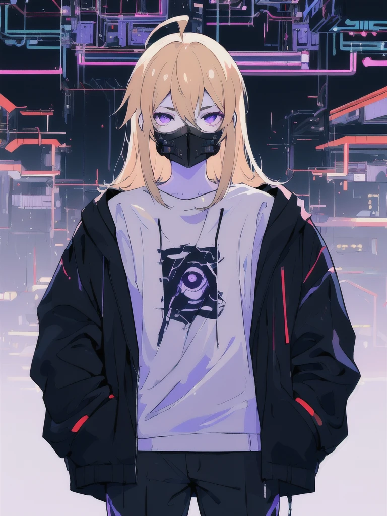 ((masterpiece)), (best quality), ((highres)), 4K, Detailed, (Ambient Light, Digital Art, Soft Lighting, extremely detailed 8K wallpaper:1.2), BREAK 1girl, solo, pale skin, violet eyes, violet hair, ahoge, (absurdly long hair:1.1), flat chest, cyberpunk scenery, black jacket, pants, shirt, night, hand in pocket, looking at viewer, hair between eyes, expressionless, rtx, neon light, black medical mask