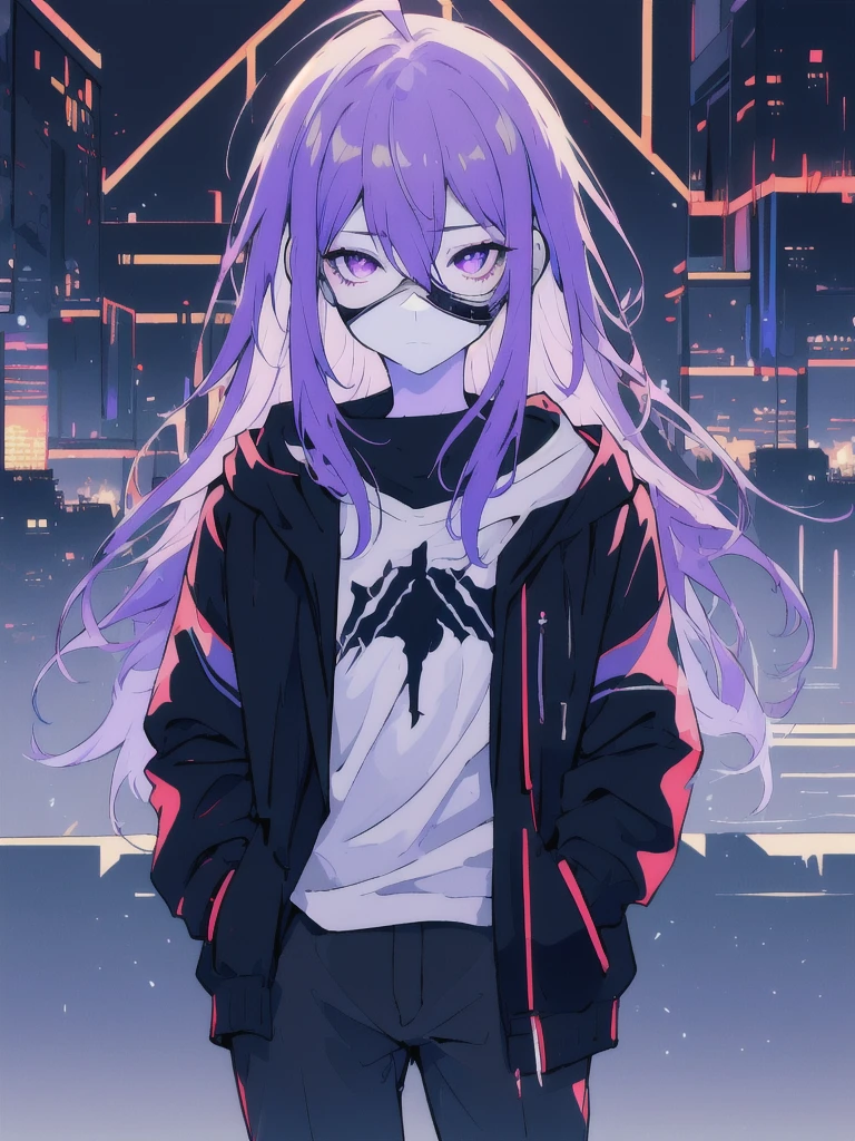 ((masterpiece)), (best quality), ((highres)), 4K, Detailed, (Ambient Light, Digital Art, Soft Lighting, extremely detailed 8K wallpaper:1.2), BREAK 1girl, solo, pale skin, violet eyes, violet hair, ahoge, (absurdly long hair:1.1), flat chest, cyberpunk scenery, black jacket, pants, shirt, night, hand in pocket, looking at viewer, hair between eyes, expressionless, rtx, neon light, black medical mask