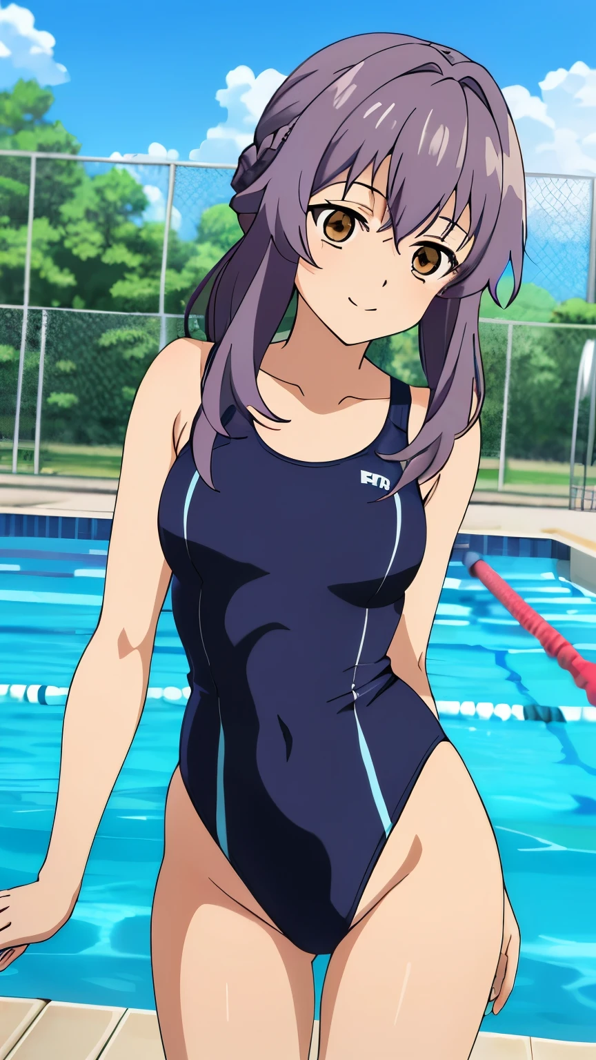 (masterpiece, best quality, high resolution, 8k),anime art style, Shinoa, 1 girl, dark brown eyes, medium breasts, smile, (highleg swimsuit, pool), alone, standing,dynamic Angle cowboy shot,