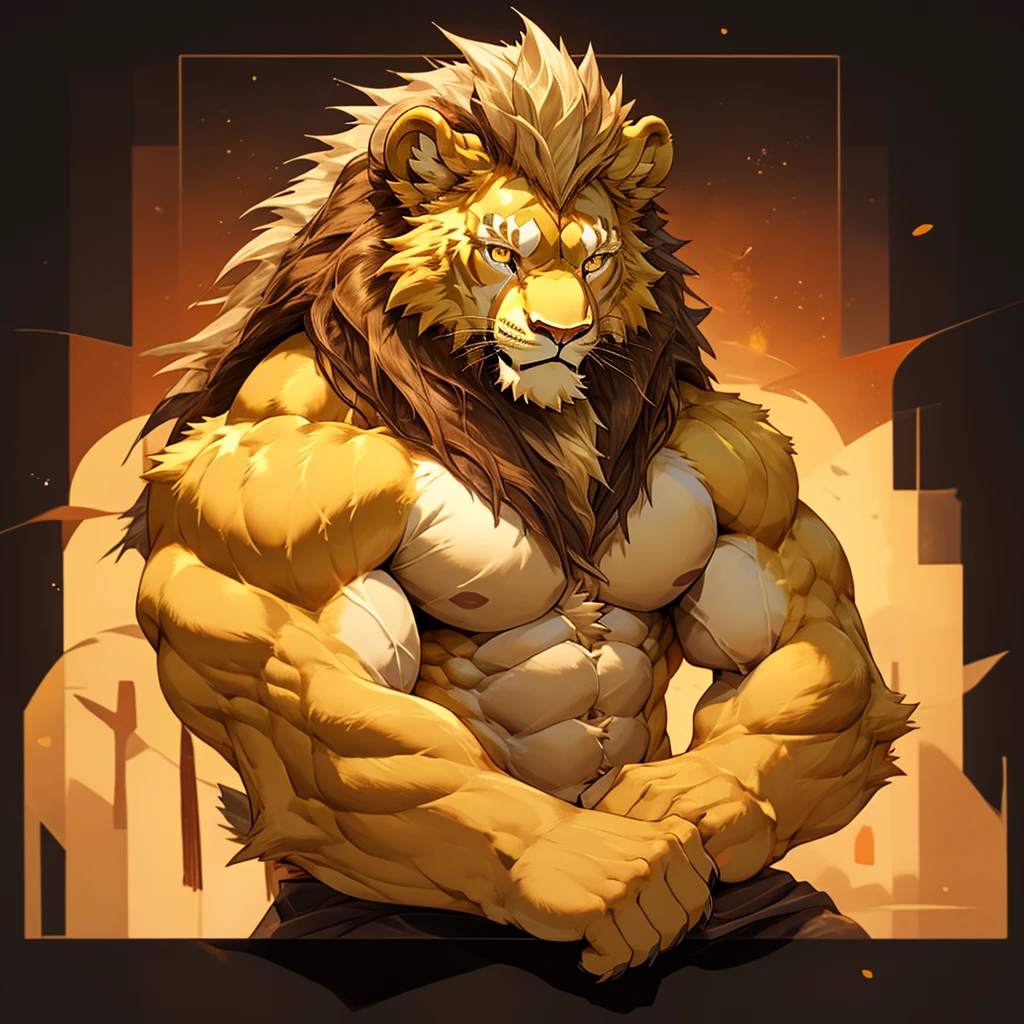 (non-human male lion), white body, white belly, sexy pose, muscular body, alone, kemono, thong, toothy smile,Clear eyes,first round
