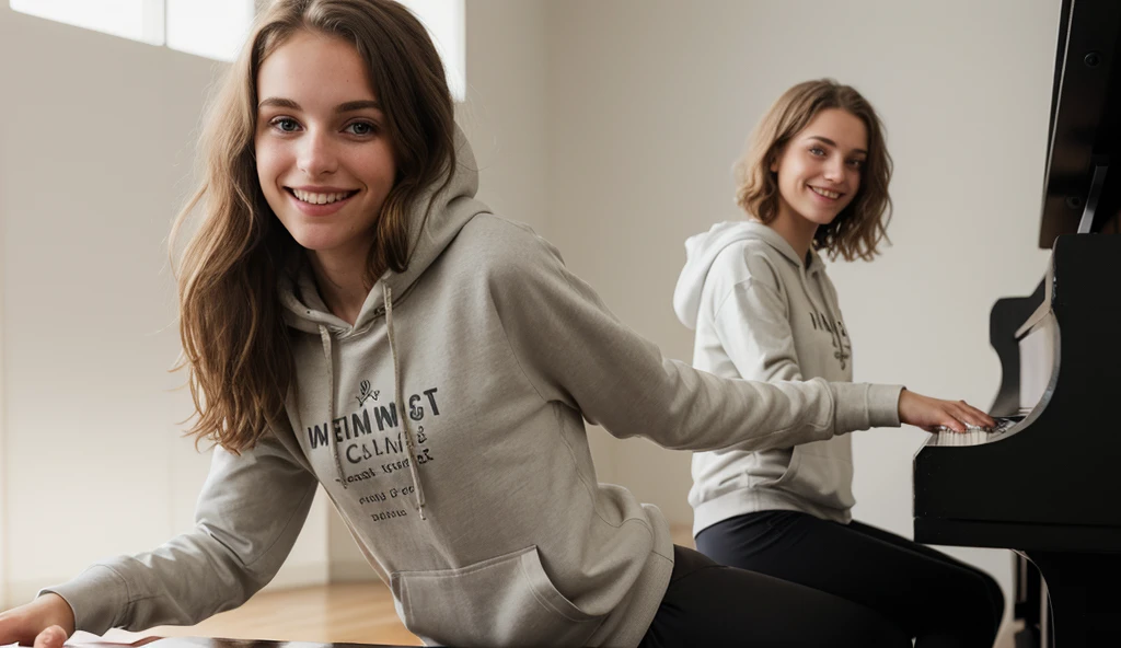 deux femmes blonde ensemble de 18 ans sexy et mince , black short sleeve hoodie , salle de classe, se touche,position sey,sensuel