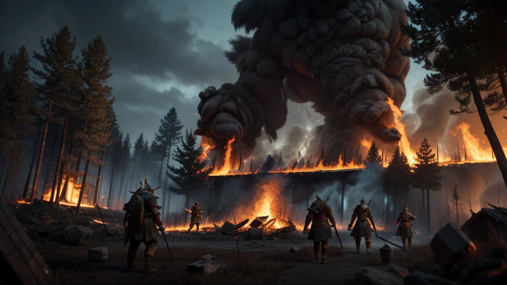 ultra-quality, destroyed village, fire, forest, orc warriors, epic fantasy, super  detail, 8k