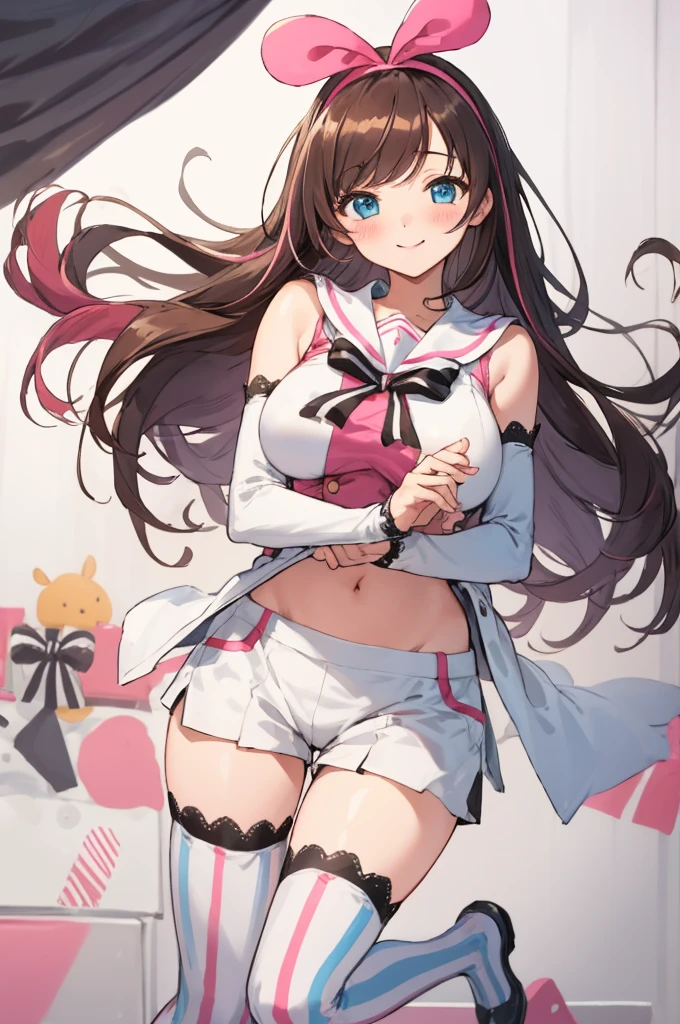 1girl,big breasts,looking viewer,blush,smile,(nsfw),my room
 crop top, 
 kizuna ai, long hair, brown hair, multicolored hair, short shorts, floating hair, pink hairband, white shorts, detached sleeves, navel, sailor collar, streaked hair, pink hair, blue eyes, white thighhighs, , lace-trimmed sleeves, sleeveless shirt, striped, white sailor collar, bowtie, hair bow, swept bangs, white shirt, lace-trimmed legwear,