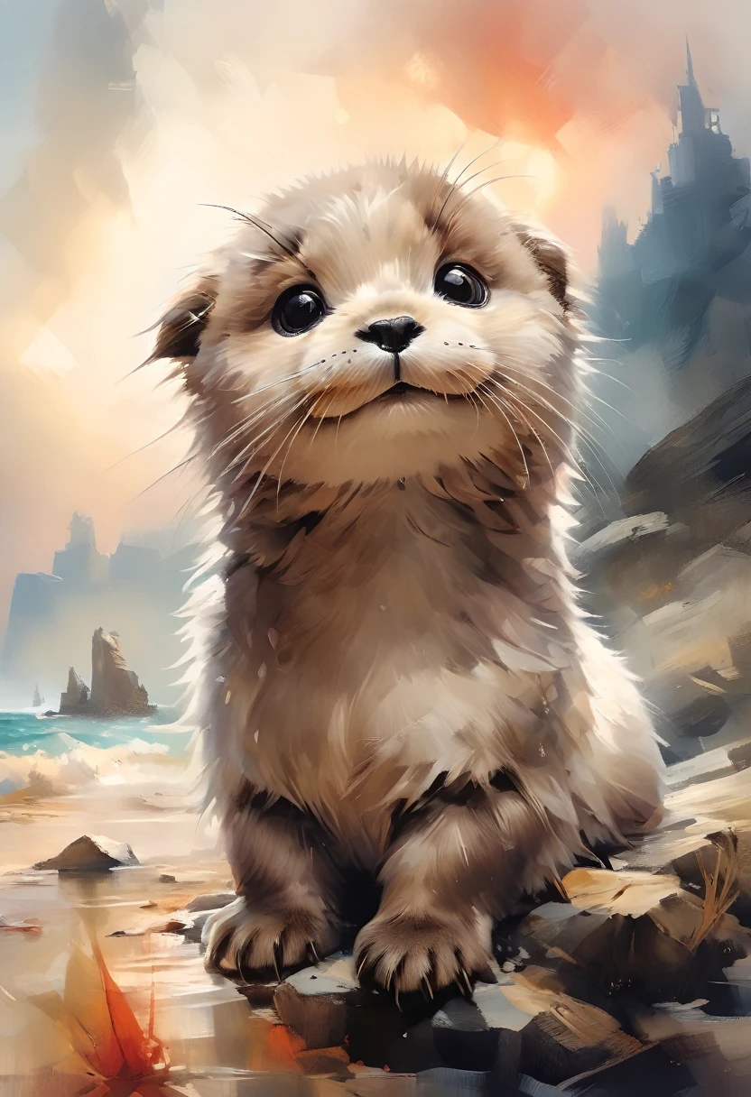 Masterpiece Illustration, high quality, high resolution 16k, a painting of a baby seal with a smile on it's face  sitting on a Ocean Shore,  Stunning sunset background , (fisheye camera), funny cartoonish trend in Art Station, playful smile, 🍁 cute, inspired by Ruben Tam, very cute facial features, , small in size, long pointed ears, artistic style, oil and watercolor painting