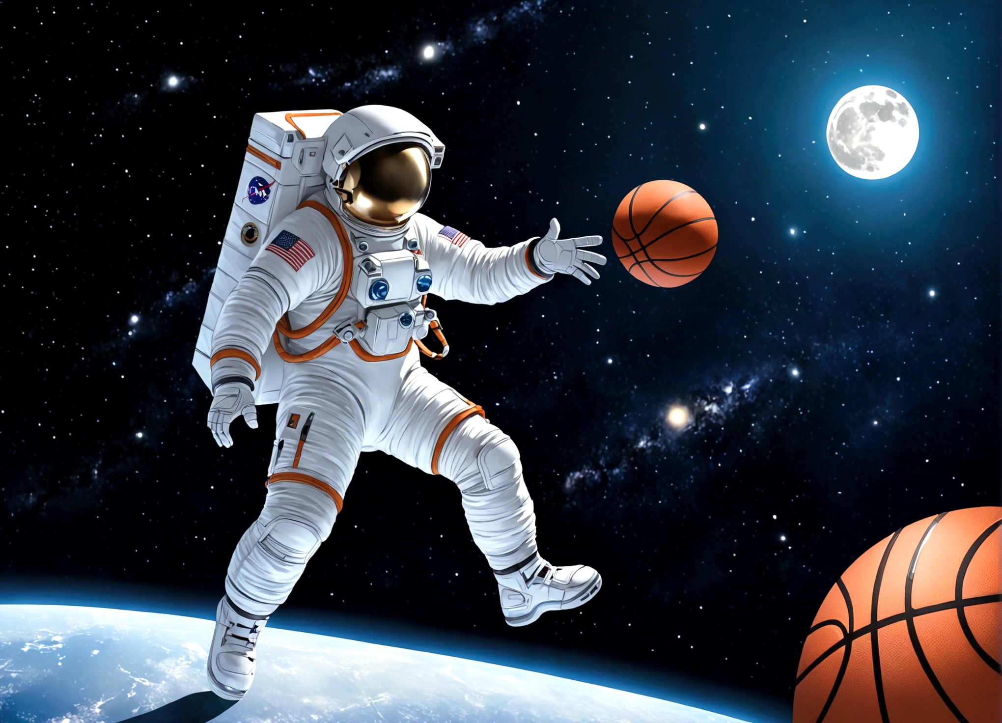 astronaut, Moon, basketball场, basketball, Space suit, Bright, Clarity, Rich in details, Science Fiction, basketball在空中飞翔, Moon表面纹理, Star bright, astronaut跳跃, basketball框, basketball场灯, night, moonlight, astronaut的笑容, Motion capture, Reality, Science Fiction Art