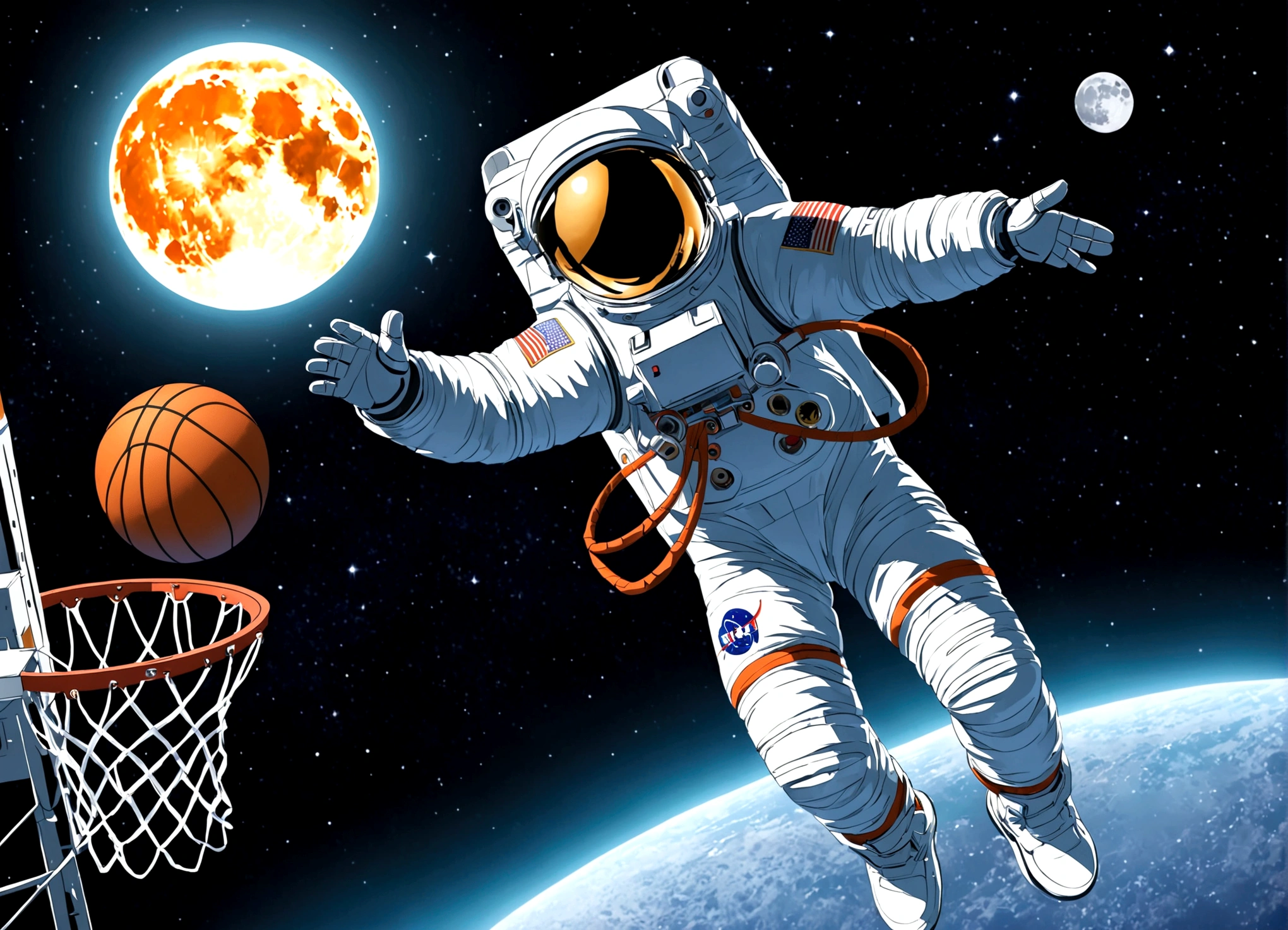 astronaut, Moon, basketball场, basketball, Space suit, Bright, Clarity, Rich in details, Science Fiction, basketball在空中飞翔, Moon表面纹理, Star bright, astronaut跳跃, basketball框, basketball场灯, night, moonlight, astronaut的笑容, Motion capture, Reality, Science Fiction Art