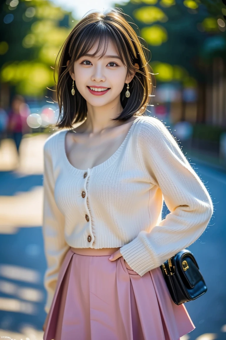 masterpiece, highest quality, Photoreal, Super detailed, finely, High resolution, 8k wallpaper, Professional, Advanced level of detail, College student in his 20s walking through a building street at night, Slender Japan woman, detailed clavicle, Medium chest、perfect face, mini skirt、white sweater、gentle smile、full body shot,bob hair