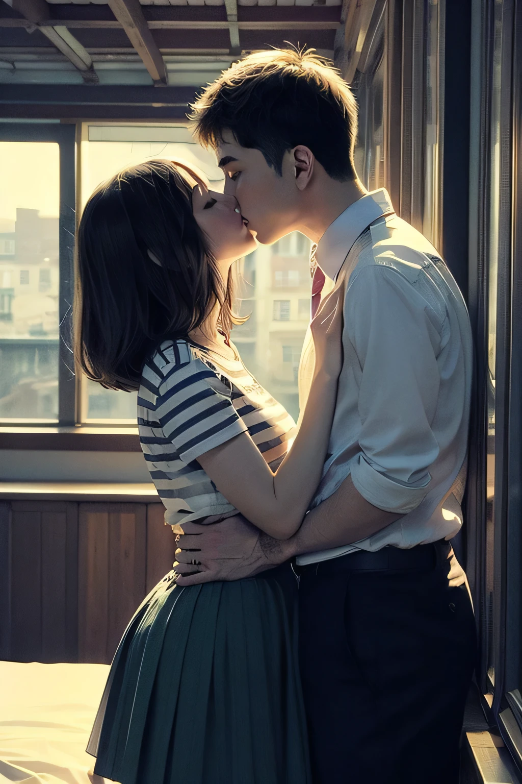 Amazing portrait of a sexy and  woman  wearing a black and white striped t shirt and a dark green skirt kissing and making out passionately with a shirtless boy on the bed in an intimate setting