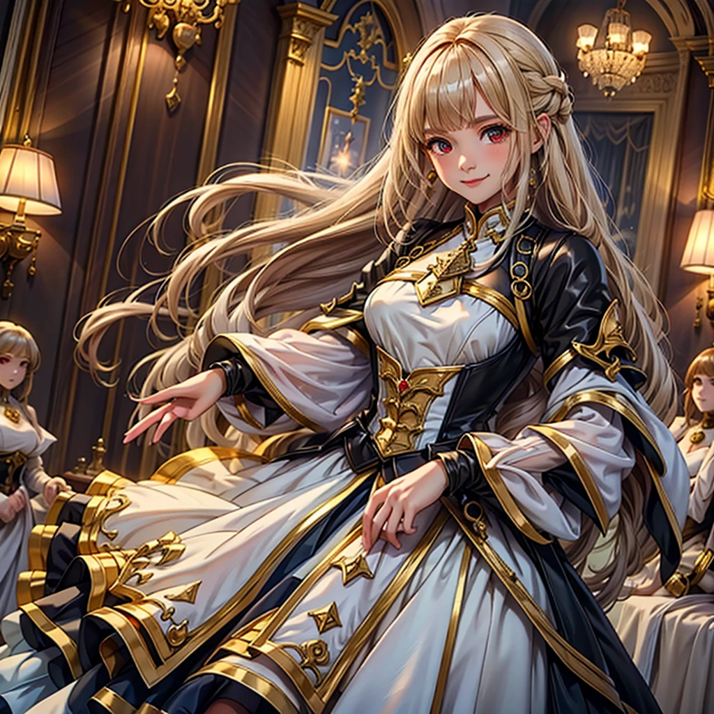 (RAW Photos, Highest quality), (And soul: 1.2), Portrait of a blonde 18 year old woman, Red eyes, (Sparkling Eyes), Female Knights in Fantasy Worlds, Black Breastplate Chainmail, White Dress Armor, A cheerful smile, Abandoned house background, Background Blur, Shallow depth of field, Professional Lighting, Photon Mapping, Physically Based Rendering,