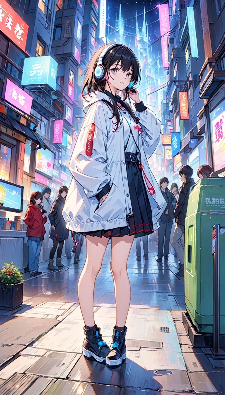 (masterpiece), (highest quality:1.4), (Ultra-high resolution:1.2), Highly detailed background, (unity 8k wallpaper), e high school girl wearing headphones walking through the streets of Tokyo。Illustrations inspired by city pop culture、、Wear loose socks for a stylish and nostalgic look、Display one subject without splitting the screen、17 ll、evening、night、Background sepia
