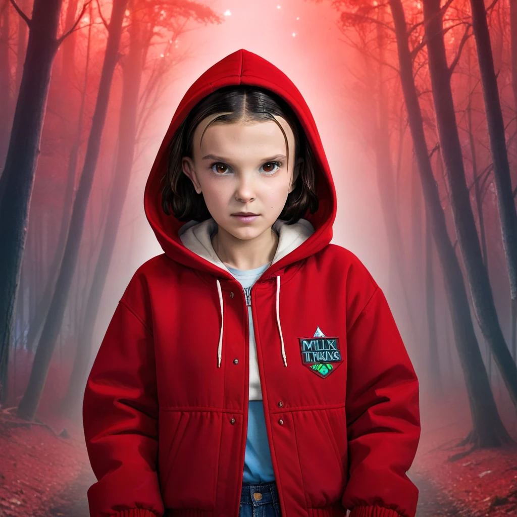 milli3 woman, millie bobby brown, 1 girl wearing red jacket and hood, netflix, stranger things, eleven, in a dark forest, front view,