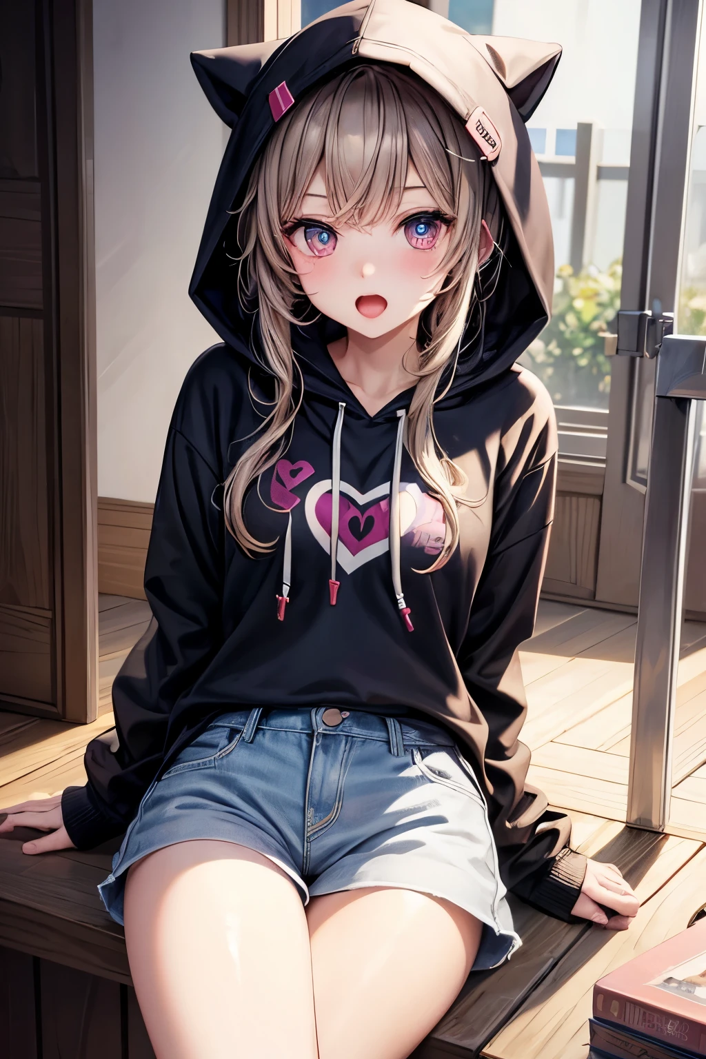 masterpiece,One girl,alone ,Heart-shaped pupils,Open your mouth,hoodie,, Static Restraints,