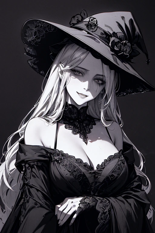Highest quality, (Background details), High Contrast, Very beautiful woman, Detailed original illustrations、functional、witch、Pointed hat、Black Robe、Delicate face、attractive、Villainess、sexy、Real breasts、Crazy Smile, Crazy Eyes, Head close-up, Black background, (Black background: 1.5), Beautiful line art、Monochrome