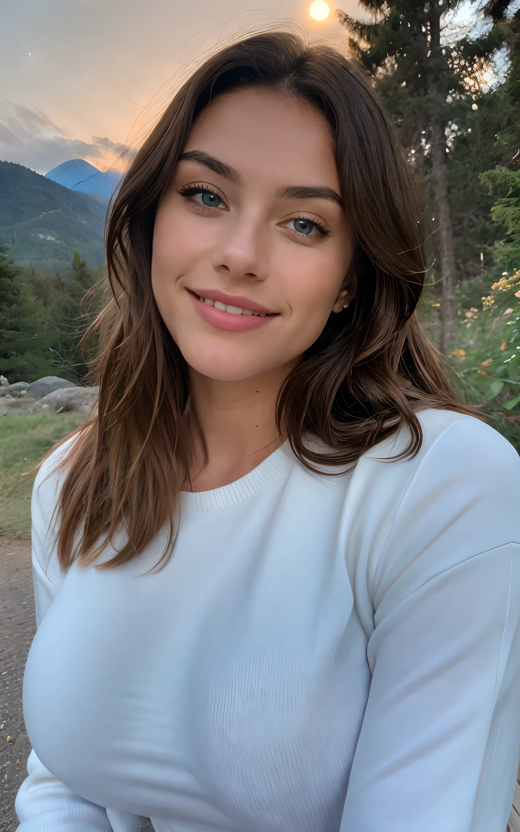 Selfie shot Beautiful brunette with blonde highlights wearing a selfie photo, upper body, solo, wearing pullover, outdoors, (night), mountains, real life nature, stars, moon, highly detailed, 22 years old, , , smile face, natural wavy hair, blue eyes, high resolution, Masterpiece, Best quality, Intricate high detail, Highly detailed, Sharp focus, Detailed skin, realistic skin texture, texture, detailed eyes, professional, 4k, charming smile, shot on Canon, 85mm, shallow depth of field, Kodak Vision Color, Perfect Fit Body , extremely detailed, photography_\(ultra\), Photorealistic, Realistic, Post-processing, maximum details, roughness, real life, ultra realistic, Photorealism, photography, 8k UHD, photography, busty