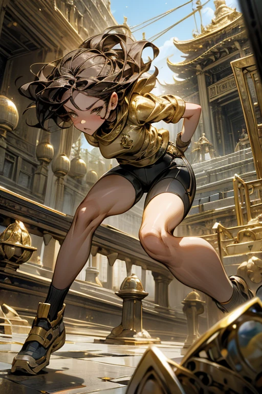 a girl rides a bicycle, in running shorts, short shorts, Temple Composed of golden cubic stones.
