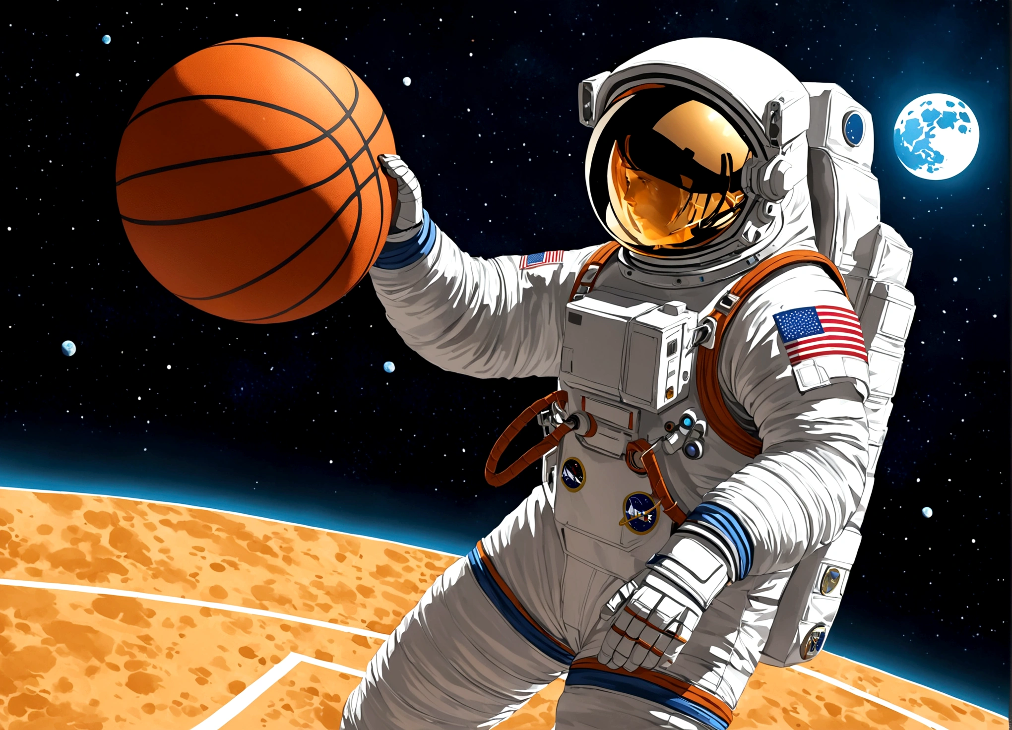 astronaut, Moon, basketball场, basketball, Space suit, Bright, Clarity, Rich in details, Science Fiction, basketball在空中飞翔, Moon表面纹理, Star bright, astronaut跳跃, basketball框, basketball场灯, night, moonlight, astronaut的笑容, Motion capture, Reality, Science Fiction Art