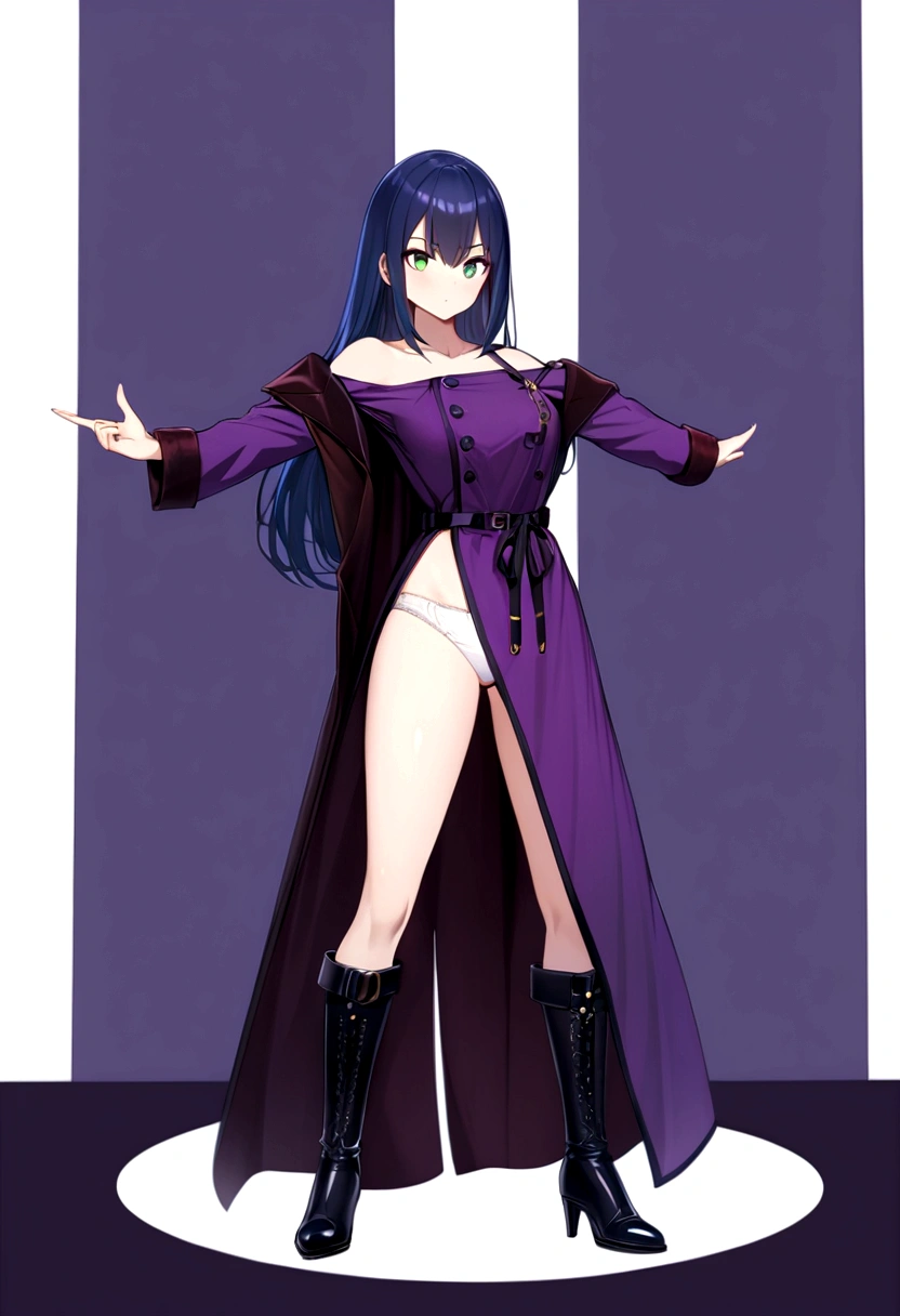 (Highly detailed CG), (highest quality), One girl, Perfect Face, absurdly Long Hair, Bright Eyes, (Beautiful, detailed eyes), Shiny skin, Shiny skin, Wide Hips, Tight waist, Retaking Black Coat, One eye is covered,boots,High collar,,mask,black gloves,Hair on one eye,gloves,Long Hair, indoor, teeth,teeth focus, Recall,Purple eyes,No pants、Small, tight panties、White panties