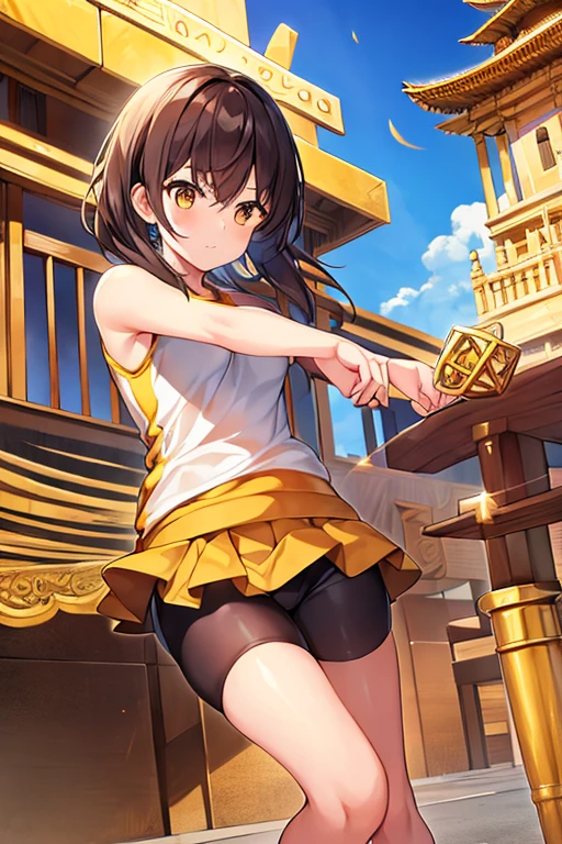 a girl rides a bicycle, in running shorts, short shorts, Temple Composed of golden cubic stones.
