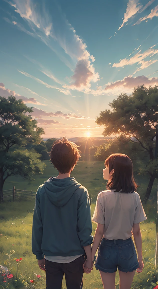 "An anime-style illustration of two children looking up at a dramatic sky. A boy and a girl are standing with their backs to each other in the foreground, while thick clouds and sunlight spread across the sky. The children are standing in front of an old metal fence, surrounded by wildflowers. A rainbow of light shines into the sky, creating a mystical atmosphere. The illustration is done in the detailed anime style of Makoto Shinkai, with rich colors and light. The scene has a fantastical and moving atmosphere."