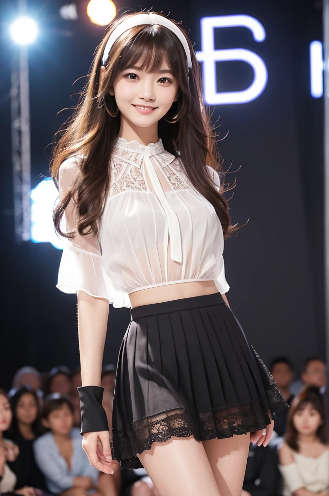 Amazingly large eyes、Smiling expression with white teeth visible、H cup bust、50cm waist、Slender and fair-skinned、Japan woman with long hair、20-year-old、Slim figure、Wearing a pleated skirt and a sheer lace blouse that flutters in the vivid breeze、Wearing high heels。On the runway at a fashion show、Her whole body was shown, from her high heels to her head, as she walked towards the viewer.、Bright, photo-quality images。