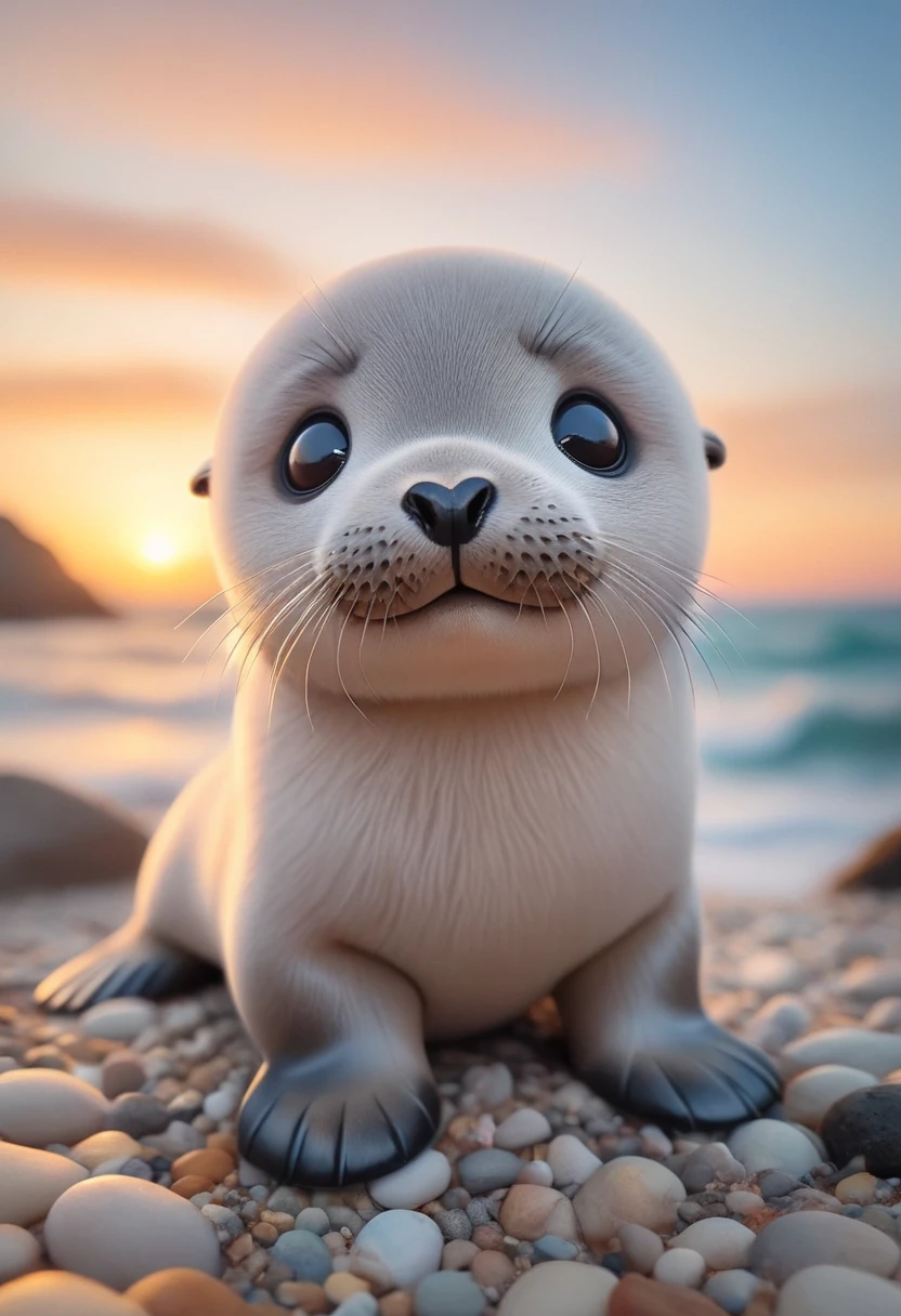 Masterpiece Illustration, high quality, high resolution 16k, a painting of a baby seal with a smile on it's face  sitting on a Ocean Shore,  Stunning sunset background , (fisheye camera), funny cartoonish trend in Art Station, playful smile, 🍁 cute, inspired by Ruben Tam, very cute facial features, , small in size, long pointed ears, artistic style, oil and watercolor painting