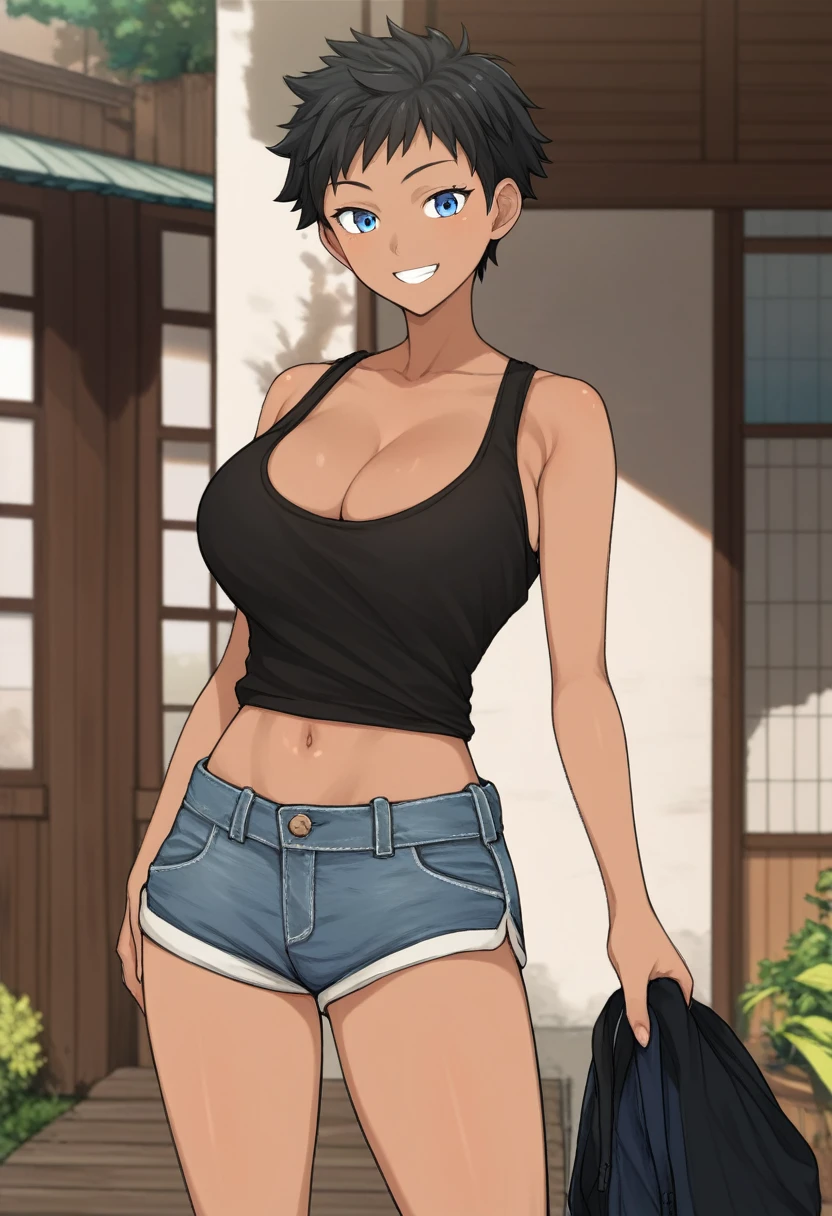 terasu_mc, score_7_up, best quality, 1girl, black hair, short hair, blue eyes, boyish, tanned skin, big breasts, black tank top, cleavage, short pants, smile, countryside, outdoor, navel, standing